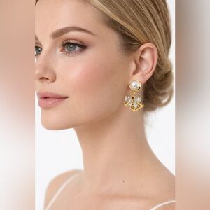 Elegant Faux Gold Pearl & Crystal Bow Drop Earrings  VTG Style Statement Jewelry